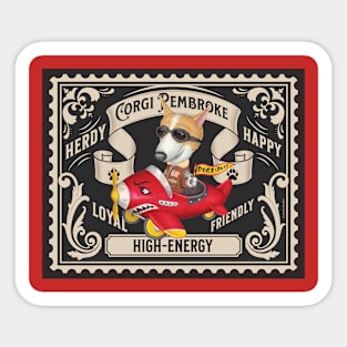 Funny Corgi Flying Plane on Classic Stamp Sticker